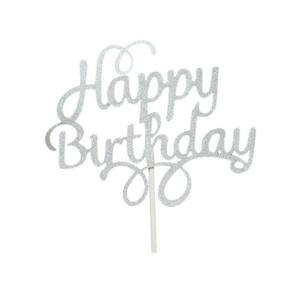 Happy Birthday Cake Topper Colour Printed Acrylic Party Decorations - Silver-Bowknot