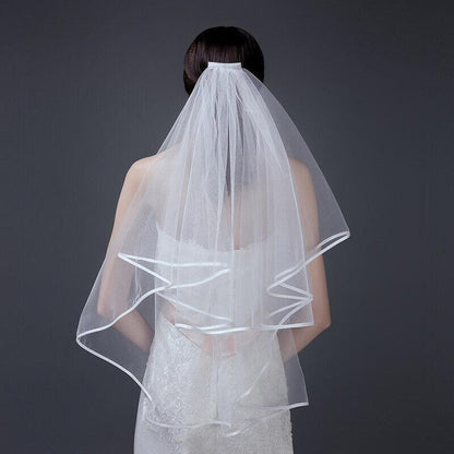 Bridal 2 Layer Wedding Veil with Comb Satin Edge Short Tulle for Women White Ivory - White