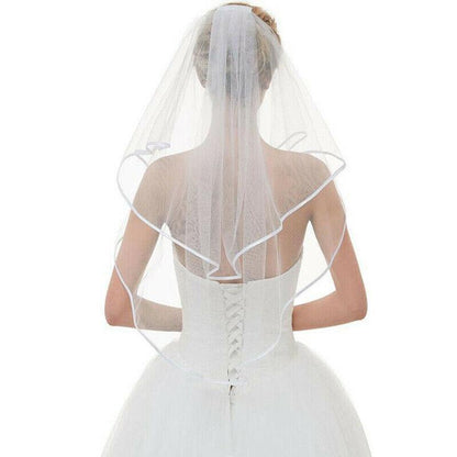 Bridal 2 Layer Wedding Veil with Comb Satin Edge Short Tulle for Women White Ivory - White