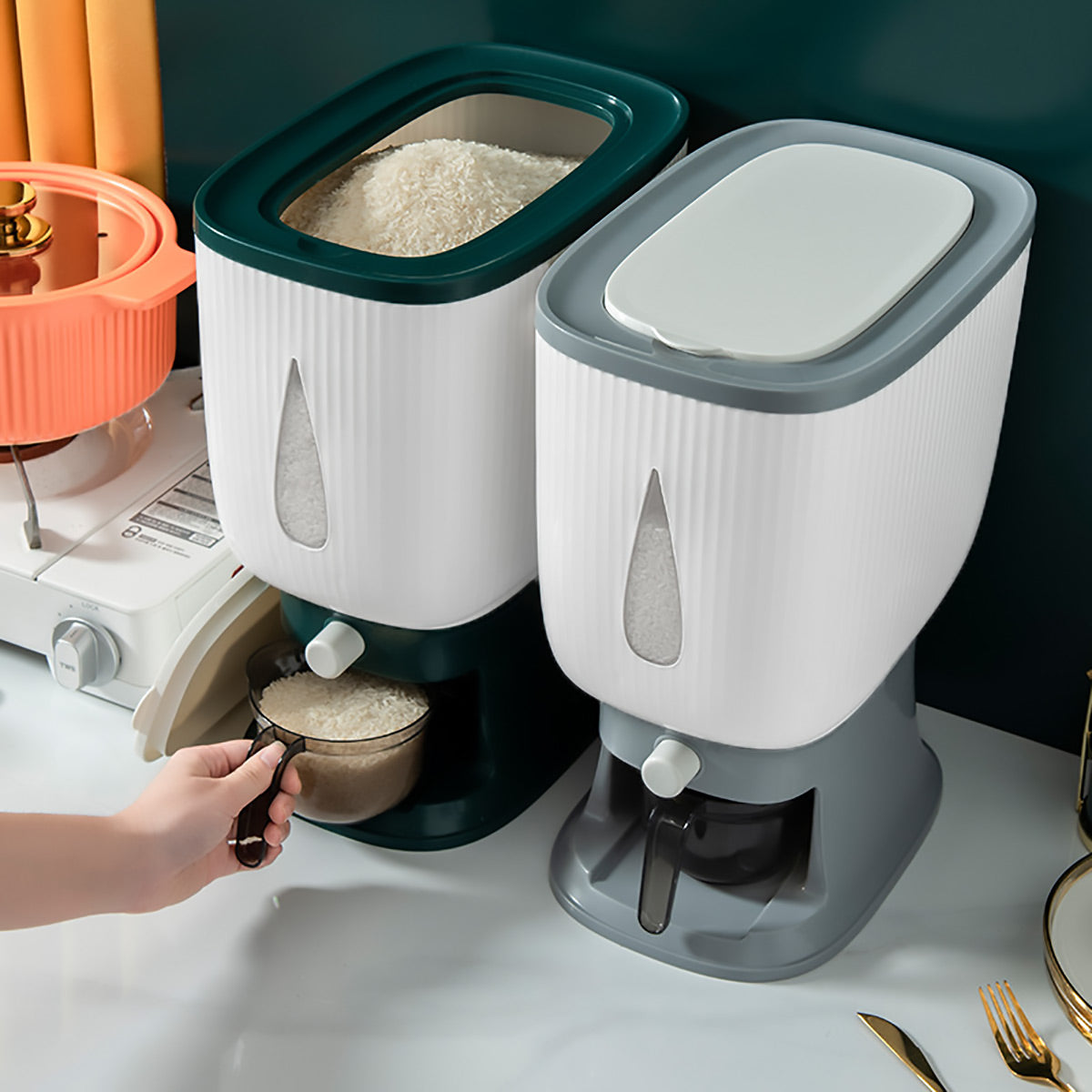 10kg Rice Storage Bucket Household Metering Rice Container Large Capacity - Green