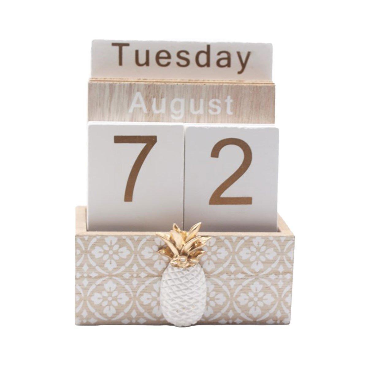 Rustic Wooden Perpetual Desk Calendar DIY Block Calendar Office Desktop Decor - Cactus