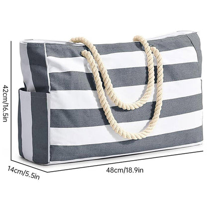 Large Bohemian Striped Canvas Beach Bag Zipper Tote for Travel Outdoor Vacation - Blue