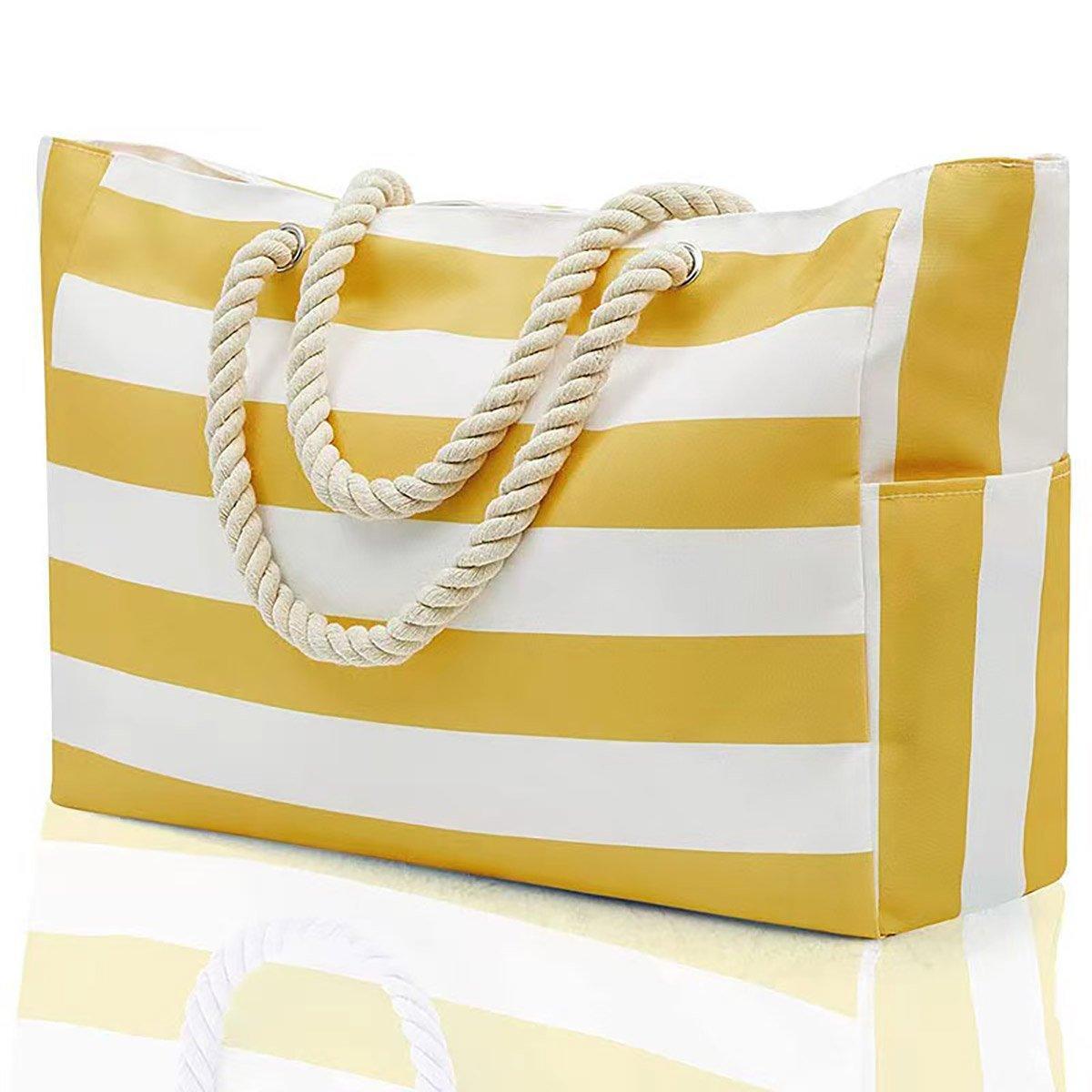 Large Bohemian Striped Canvas Beach Bag Zipper Tote for Travel Outdoor Vacation - Grey