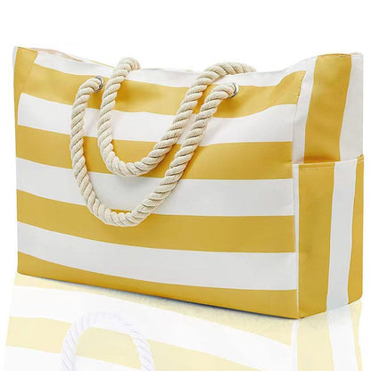 Large Bohemian Striped Canvas Beach Bag Zipper Tote for Travel Outdoor Vacation - Grey