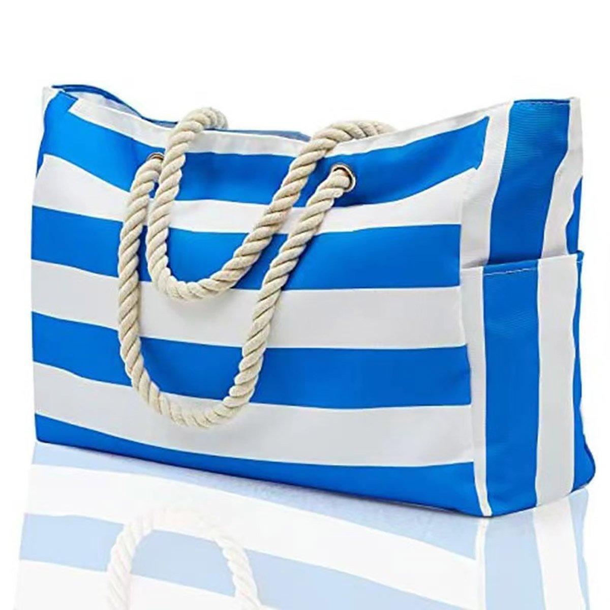 Large Bohemian Striped Canvas Beach Bag Zipper Tote for Travel Outdoor Vacation - Grey