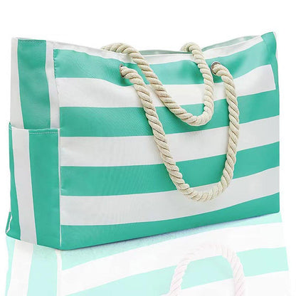 Large Bohemian Striped Canvas Beach Bag Zipper Tote for Travel Outdoor Vacation - Grey
