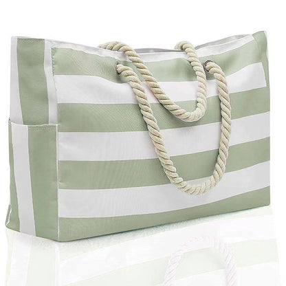 Large Bohemian Striped Canvas Beach Bag Zipper Tote for Travel Outdoor Vacation - Grey
