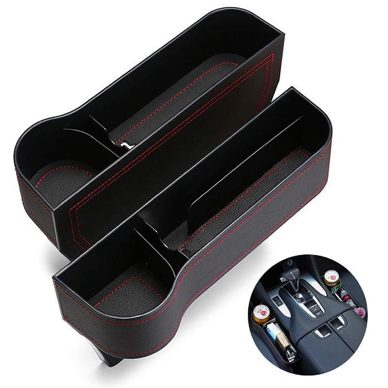 PU Leather Seat Side Gap Storage Box with Phone and Bottle Holder for Car Interior - Black