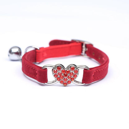 Suede Cat Collar with Adjustable Elastic Bell and Heart Charm for Kittens - Pink