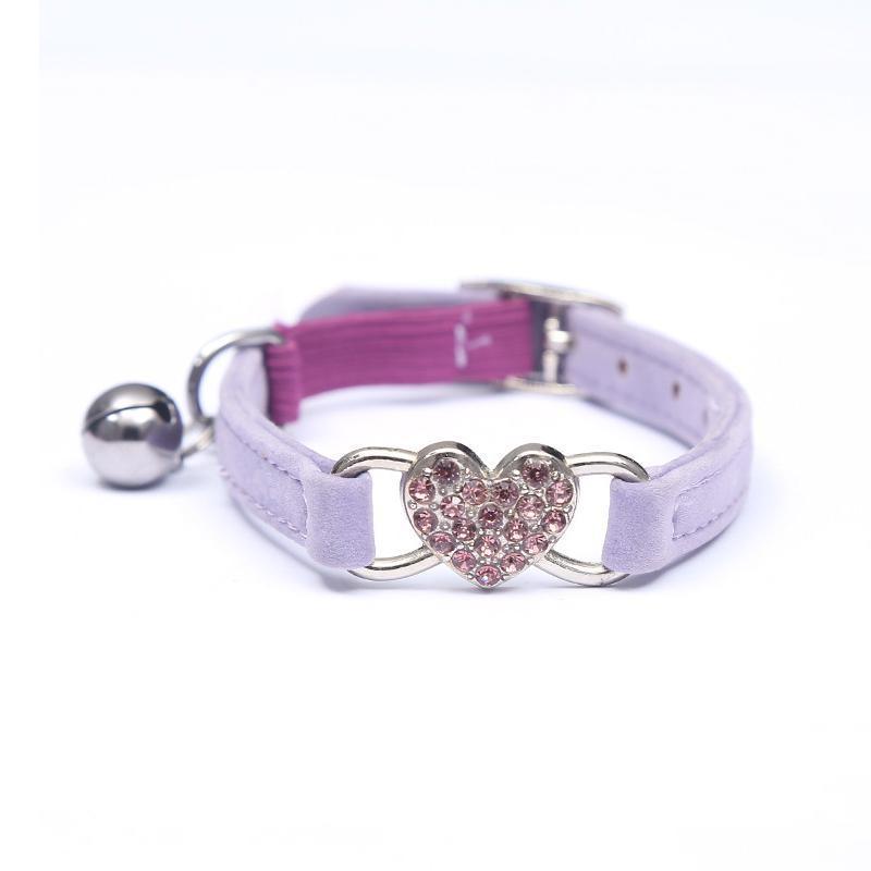 Suede Cat Collar with Adjustable Elastic Bell and Heart Charm for Kittens - Purple