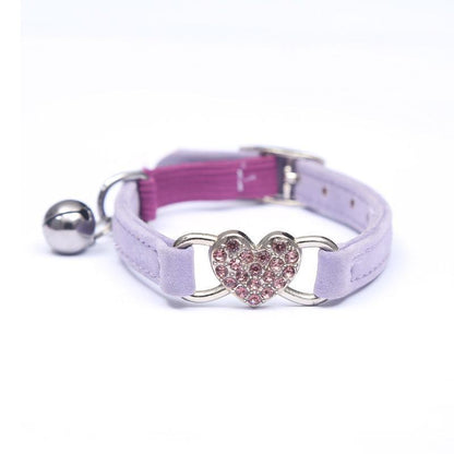 Suede Cat Collar with Adjustable Elastic Bell and Heart Charm for Kittens - Purple
