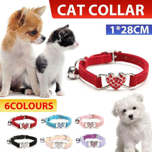 Suede Cat Collar with Adjustable Elastic Bell and Heart Charm for Kittens - red