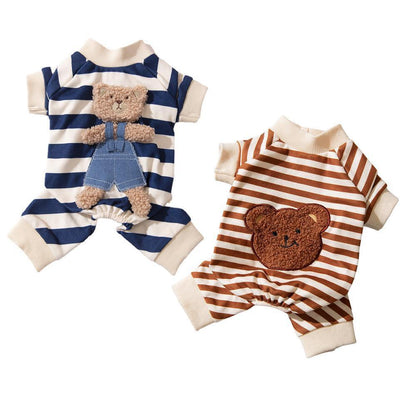 Cute Bear Striped Dog Home Clothes Cat Pet Outfit Cozy Animal Pajamas for Pets - Brown - L