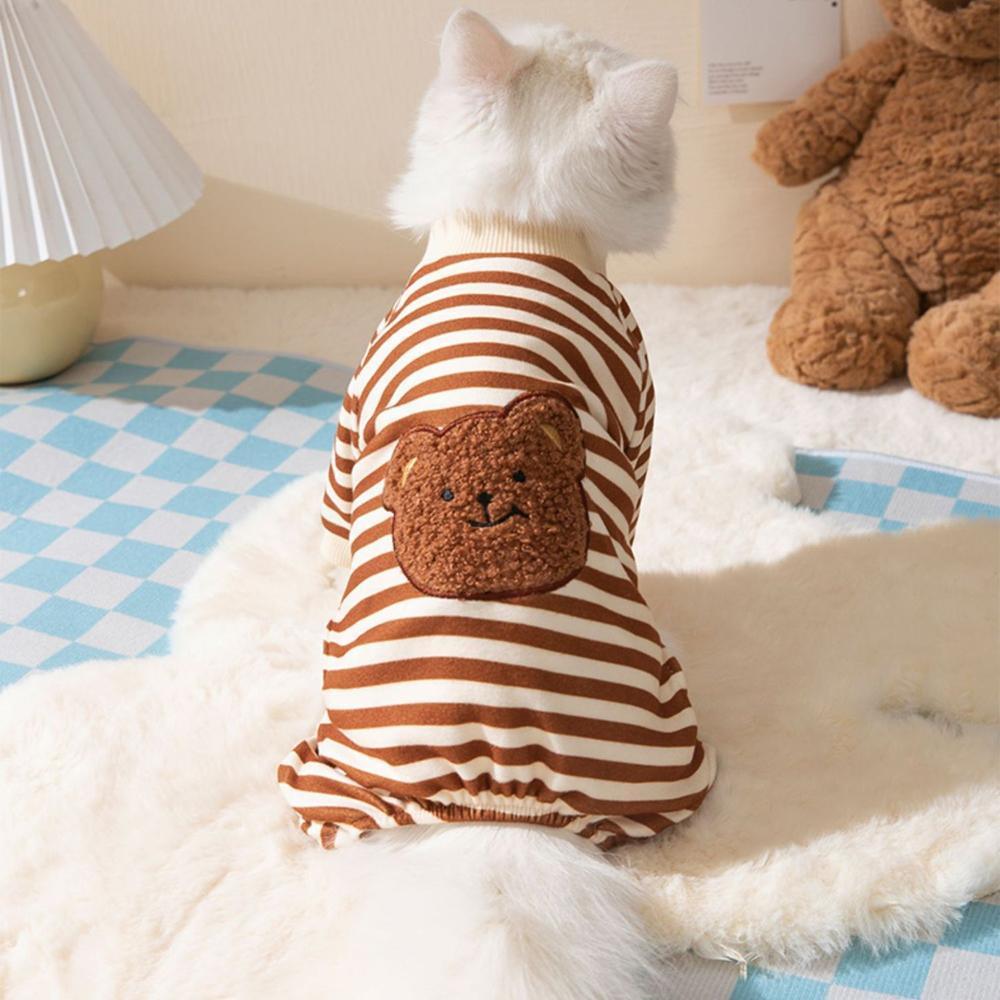 Cute Bear Striped Dog Home Clothes Cat Pet Outfit Cozy Animal Pajamas for Pets - Brown - L