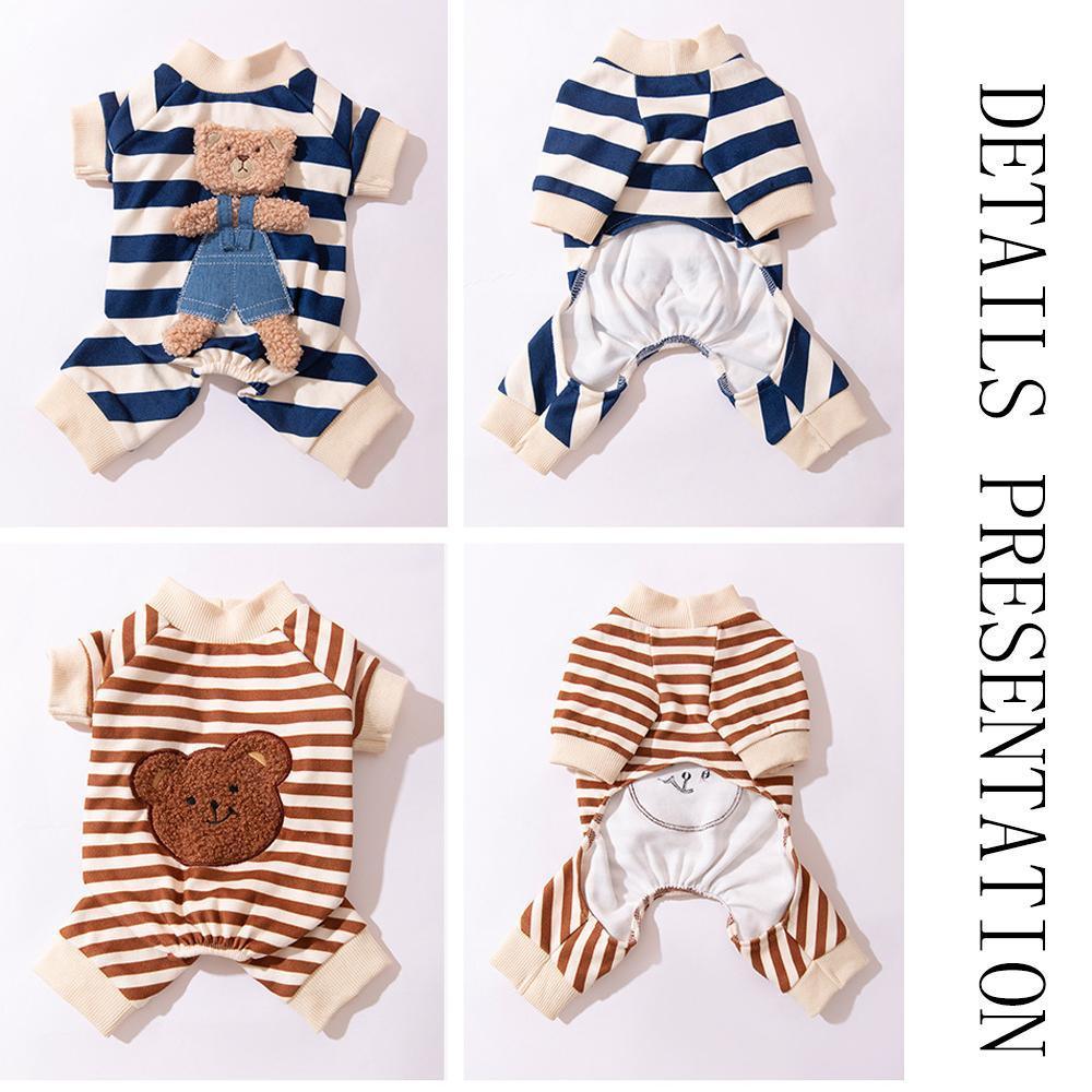 Cute Bear Striped Dog Home Clothes Cat Pet Outfit Cozy Animal Pajamas for Pets - Navy blue - M