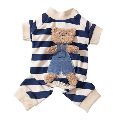 Cute Bear Striped Dog Home Clothes Cat Pet Outfit Cozy Animal Pajamas for Pets - Navy blue - S