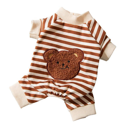 Cute Bear Striped Dog Home Clothes Cat Pet Outfit Cozy Animal Pajamas for Pets - Navy blue - S