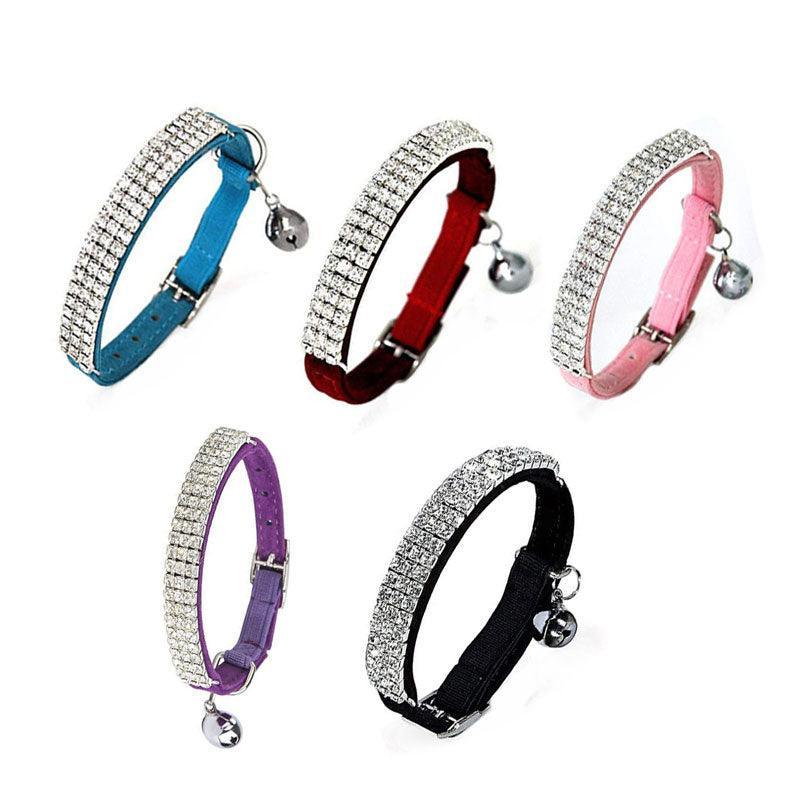 Suede Adjustable Pet Collar with Rhinestone for Cat Puppy 5 Colours Quick Release - Black