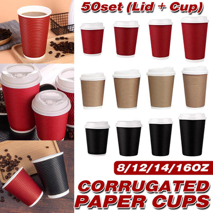 50sets Corrugated Paper Cups Coffee Milk Tea Cups Disposable Hot Drink Cups - Red-16oz