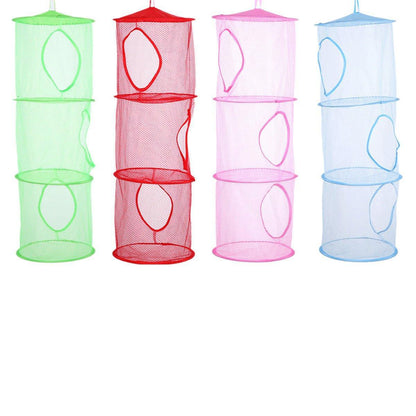 Foldable Clothes Drying Basket Three-layer Hanging Storage Breathable Organizer - Blue