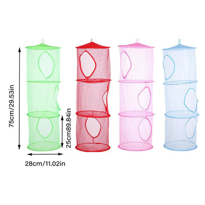Foldable Clothes Drying Basket Three-layer Hanging Storage Breathable Organizer - Pink