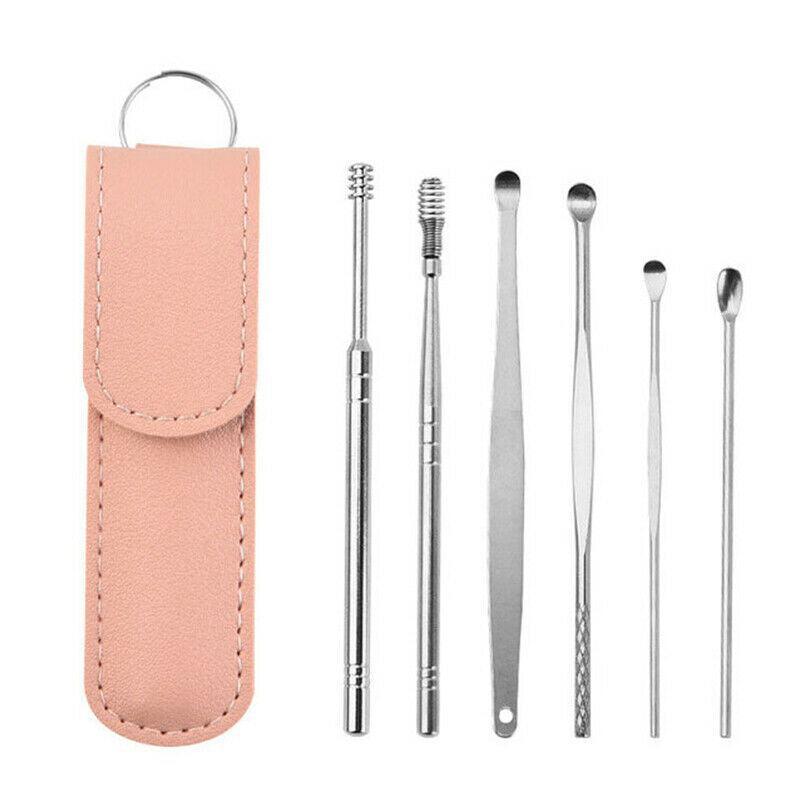 6Pcs Stainless Steel Ear Pick Curette Wax Cleaner Earpick Remover Earwax Removal - Pink