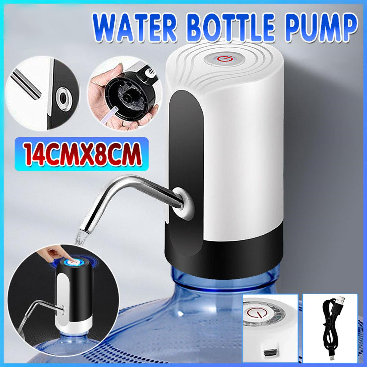 Electric Water Bottle Pump Dispenser Drinking Usb Button Black White Drinking - White