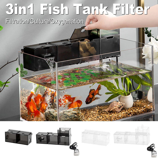 Fish Tank Filter Box 3in1 Oxygenating Wall Mount Built In Silent Water Purifier - Black-2Grids
