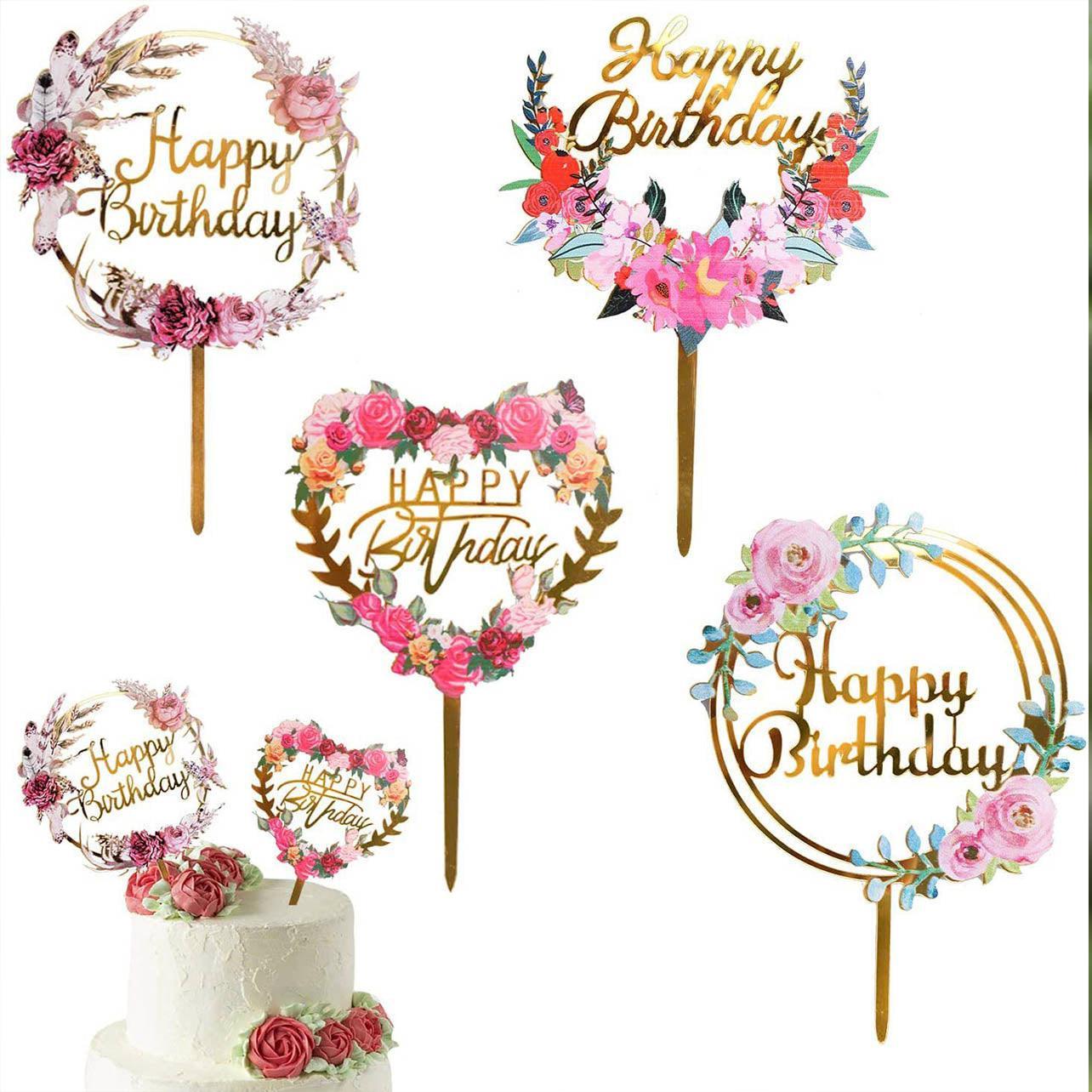 Happy Birthday Anniversary Wedding Cake Flowers Topper Acrylic Party Decorations - NO.01