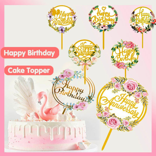 Happy Birthday Anniversary Wedding Cake Flowers Topper Acrylic Party Decorations - NO.12