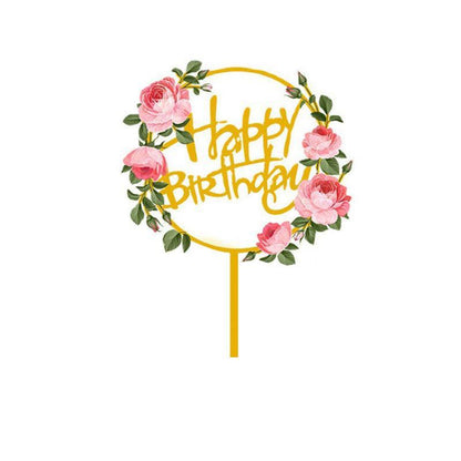 Happy Birthday Anniversary Wedding Cake Flowers Topper Acrylic Party Decorations - NO.13