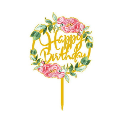 Happy Birthday Anniversary Wedding Cake Flowers Topper Acrylic Party Decorations - NO.02