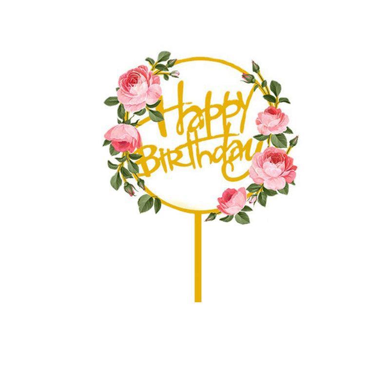 Happy Birthday Anniversary Wedding Cake Flowers Topper Acrylic Party Decorations - NO.05