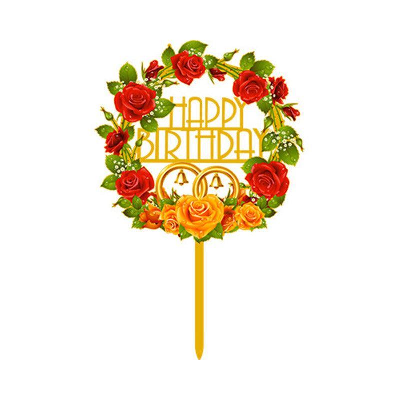 Happy Birthday Anniversary Wedding Cake Flowers Topper Acrylic Party Decorations - NO.05