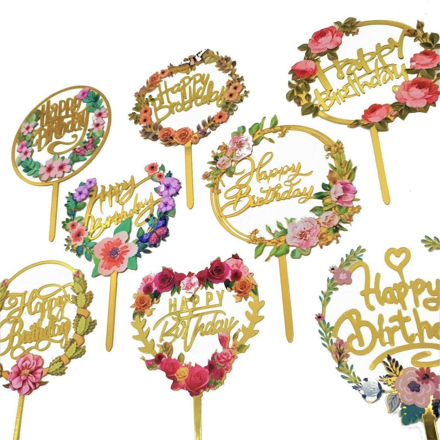 Happy Birthday Anniversary Wedding Cake Flowers Topper Acrylic Party Decorations - NO.06