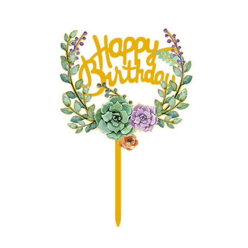 Happy Birthday Anniversary Wedding Cake Flowers Topper Acrylic Party Decorations - NO.06