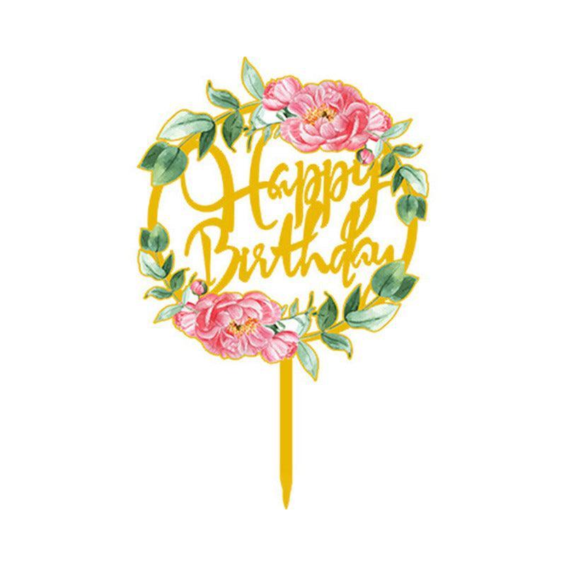 Happy Birthday Anniversary Wedding Cake Flowers Topper Acrylic Party Decorations - NO.09