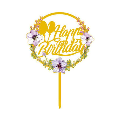 Happy Birthday Anniversary Wedding Cake Flowers Topper Acrylic Party Decorations - NO.09