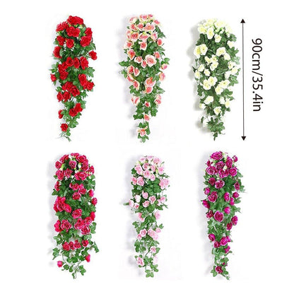 2PCS Artificial Rose Flower Garland Hanging Vine Home Wall Decor Fake Rattan - Purple