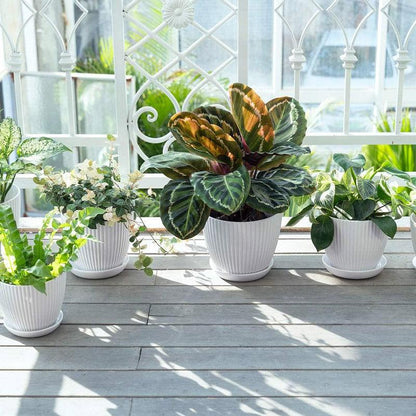 6PCS Simple Plastic Round Plant Pots Vertical Stripes Flower Pot Green Gardening - Green