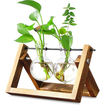 Wood Stand Glass Vase Terrarium Hydroponic Hanging Planter Home Decor - S With 1 Bottle