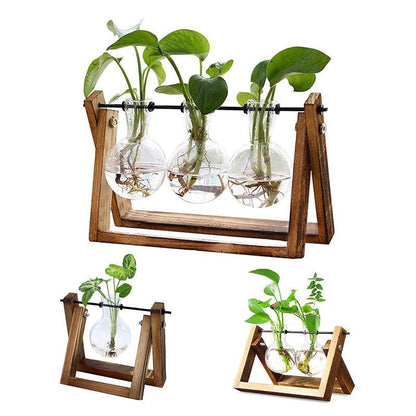 Wood Stand Glass Vase Terrarium Hydroponic Hanging Planter Home Decor - L With 3 Bottles