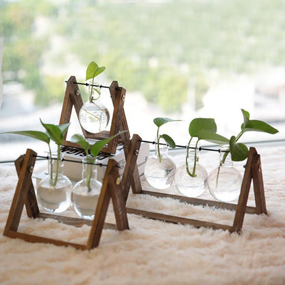 Wood Stand Glass Vase Terrarium Hydroponic Hanging Planter Home Decor - L With 3 Bottles