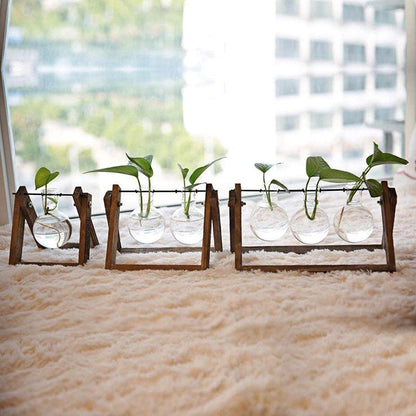 Wood Stand Glass Vase Terrarium Hydroponic Hanging Planter Home Decor - L With 3 Bottles