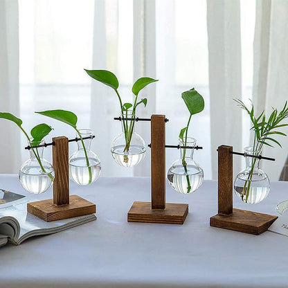 Wooden Stand Glass Flower Vase Hydroponic Hanging Plant Terrarium Container - B