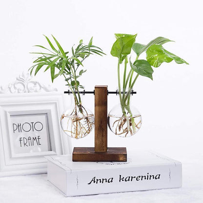 Wooden Stand Glass Flower Vase Hydroponic Hanging Plant Terrarium Container - B