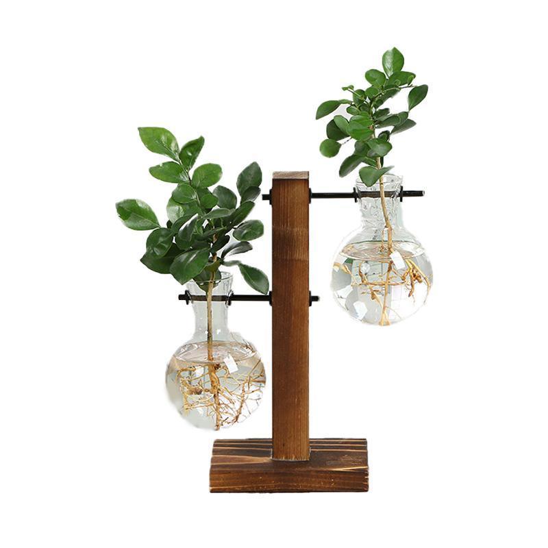 Wooden Stand Glass Flower Vase Hydroponic Hanging Plant Terrarium Container - B