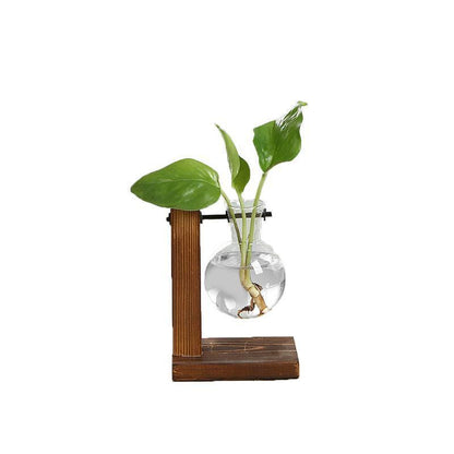 Wooden Stand Glass Flower Vase Hydroponic Hanging Plant Terrarium Container - C