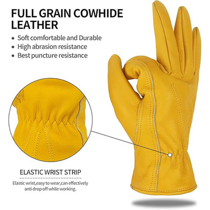 Golden Yellow Cowhide Work Gloves Full Finger Gardening DIY Home Maintenance Use - XL