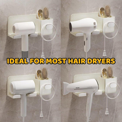 Hair Dryer Holder Rack Plastic Wall Mount No Drill Bathroom Organizer Storage - Silver